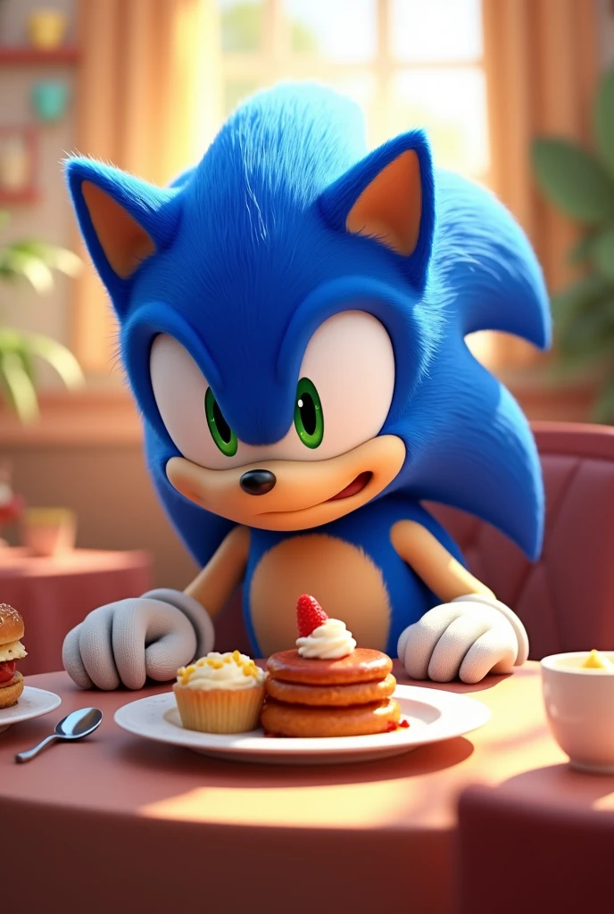 create an image of sonic eating food on the table with a sweet and happy face
