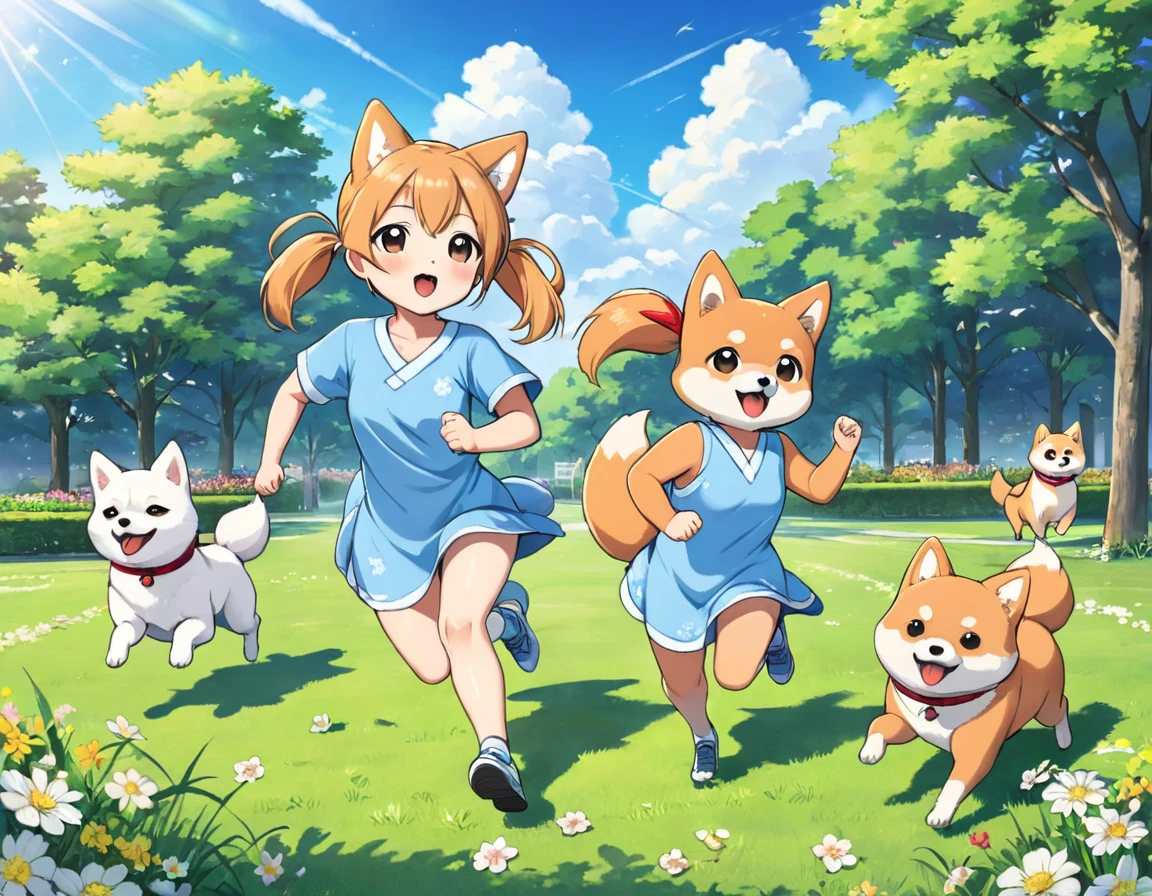 Light blue long hair、Twin-tailed Girl、A park full of grass and flowers、Five little characters playing、A Shiba Inu is running around happily.、