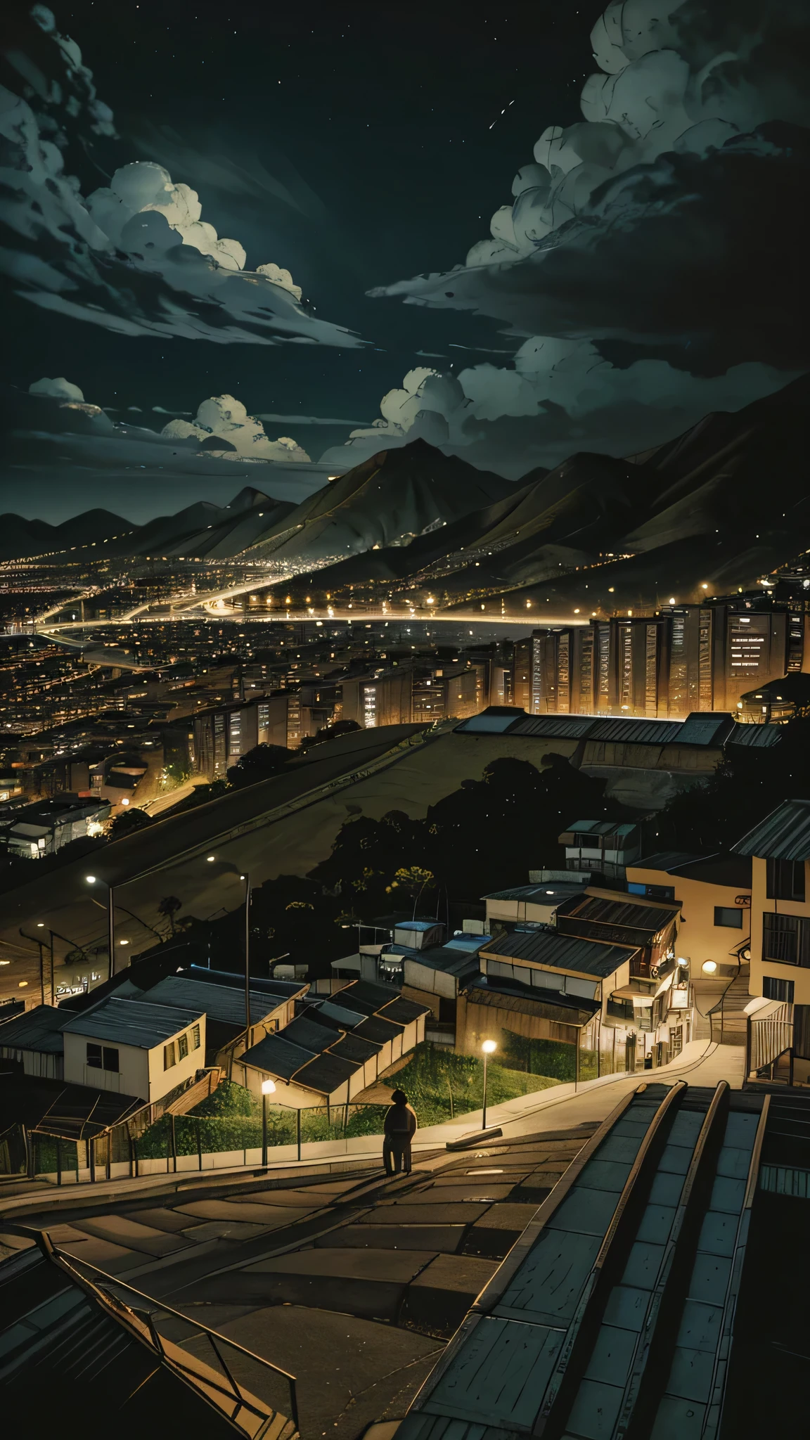 Brazilian favela, 3 large hills surrounding it in the background, houses, small buildings, staircase, slopes, hills, small market, park in the center, view of the big city in the distance, with large skyscrapers, cinematic lighting, wide shot, atmospheric perspective, perspective, UHD, masterpiece, accurate, anatomically correct, textured skin, super detail, high details, high quality, award winning, best quality, highres