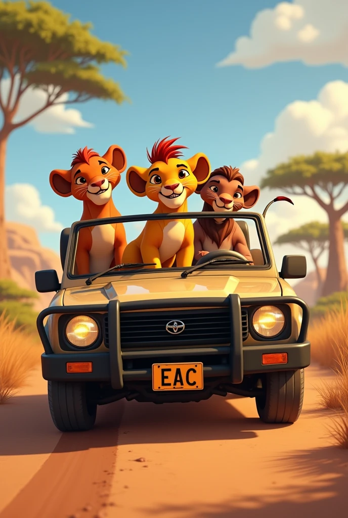 the characters from the lion king animation in safari cars. each car with a lion cub. (less timao,pumba and scar) on a road in the kingdom lands. the license plate of the car must be eac. the image must contain 5 cars on a road