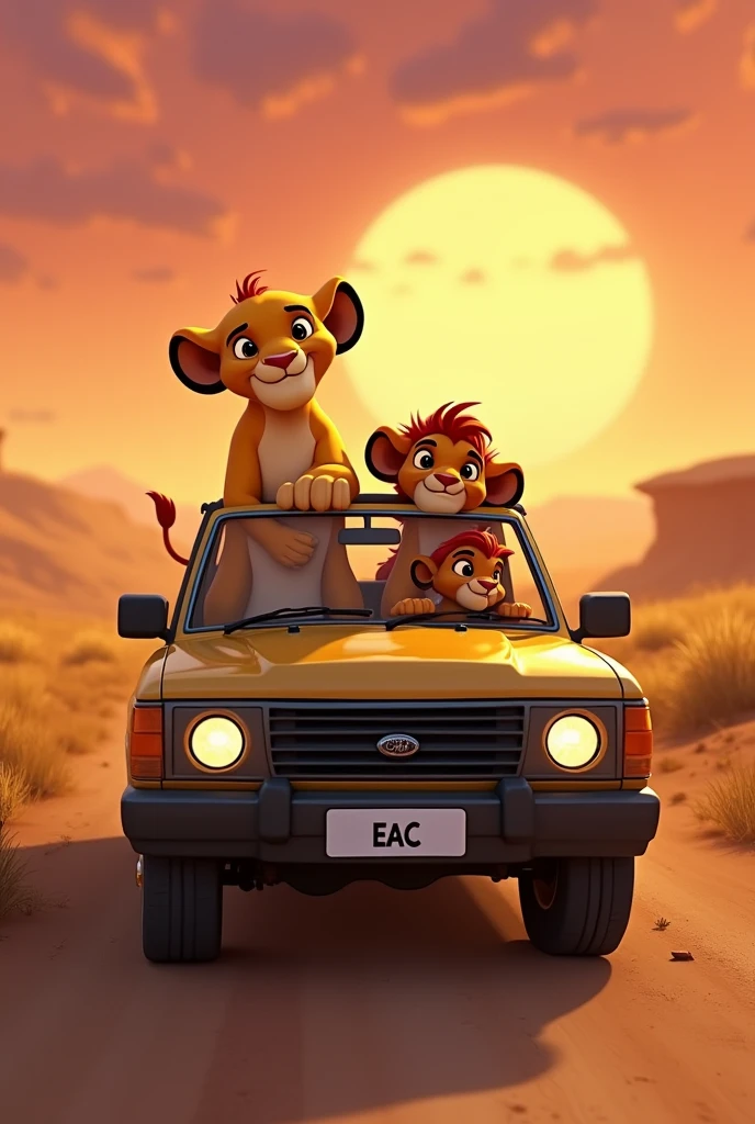 the characters from the lion king animation in safari cars. each car with a lion cub. (less timao,pumba and scar) on a road in the kingdom lands. the license plate of the car must be eac. the image must contain 5 cars on a road