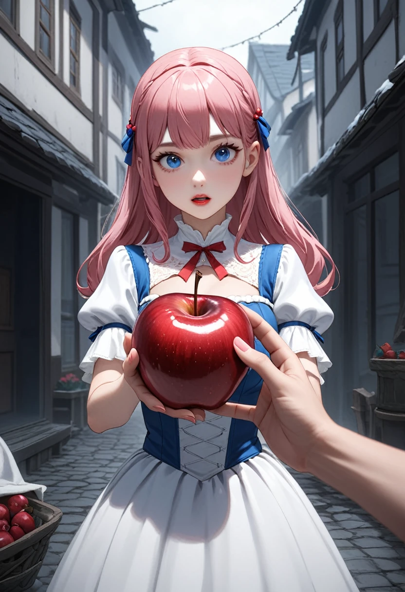Holding a poisonous apple in one hand、Dead Snow White、Girl with pink hair、blue eyes、Twin Drill、A scene from a movie
