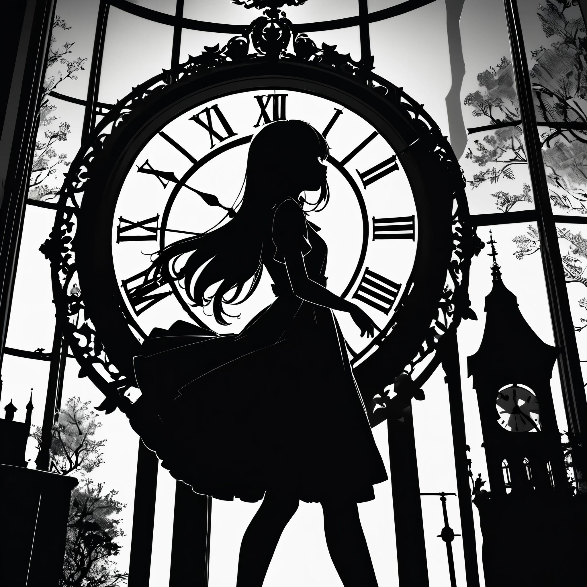 ((Monochrome artwork))、High Contrast、(8k, Highest quality)、Ultra-high resolution、Adorable、Highest quality, beautiful, Absurd beauty、masterpiece、Best image quality、(Silhouette of a girl),Clock Tower and Girl's Theme、European Landscape、Clock Tower Background、Girl taking a commemorative photo、Looking up from below、Enhance the shadows