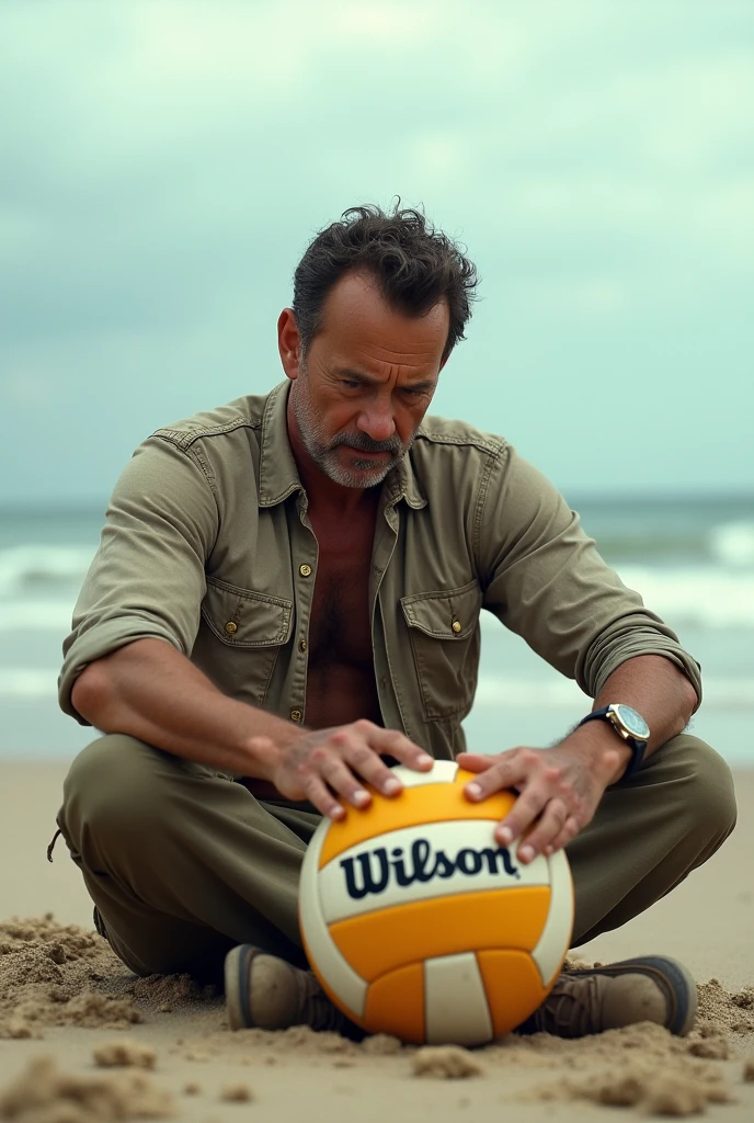 Tom Hank with the Wilson ball with his handprint on a deserted beach - high quality photo with many details in 4k