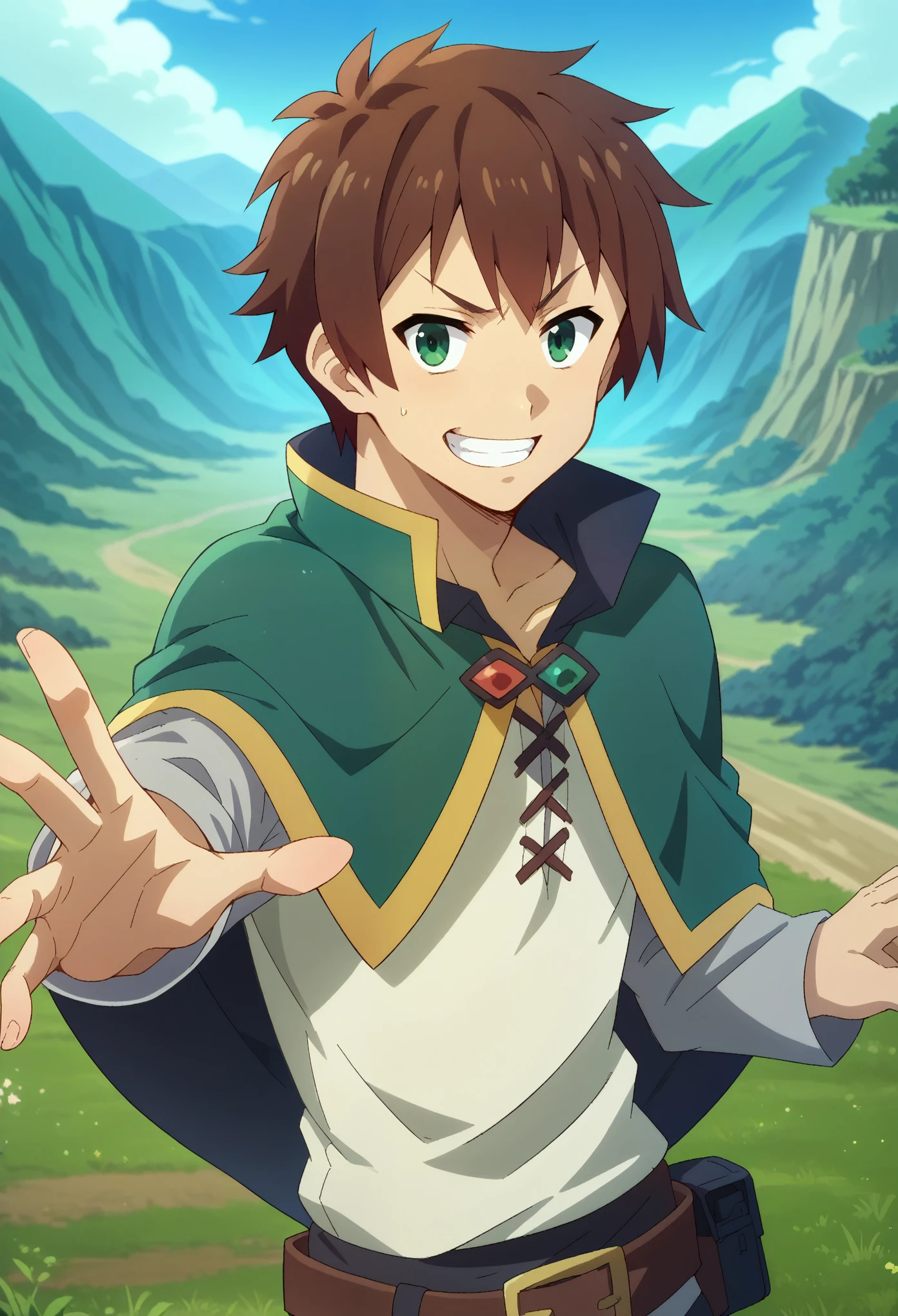 score_9, score_8_up, score_7_up, 1boy, solo,  male focus, kazuma satou, short hair, brown hair, green eyes,shirt, long sleeves, white shirt, belt, black pants, capelet, brown belt, standing, outstretched arm, confident face, open mouth, grin, casting a spell, looking at you, landscape, DonMM4g1cXL