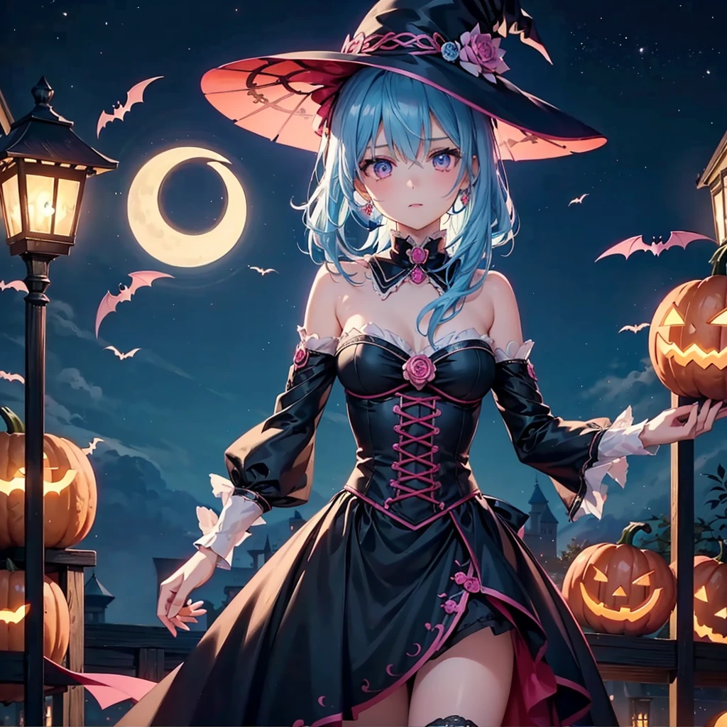 (Sky blue hair), (Pink Eyes),Fair skin) ,(whole body),(One Girl),(Crescent Moon),(There are lots of pumpkin ghosts in the background),(If you don't give me sweets, I'll play a prank on you.),Halloween Night Party),(masterpiece, Highest quality, Very detailed, Best Shadow), (Detailed Background), (Beautifully detailed face), High Contrast, (Best lighting, Very delicate and beautiful), ((Cinematic Light)), Hyper Detail,8k, Dramatic Light, Intricate details,Cute witch outfit,night,(Bats flying in the background),
