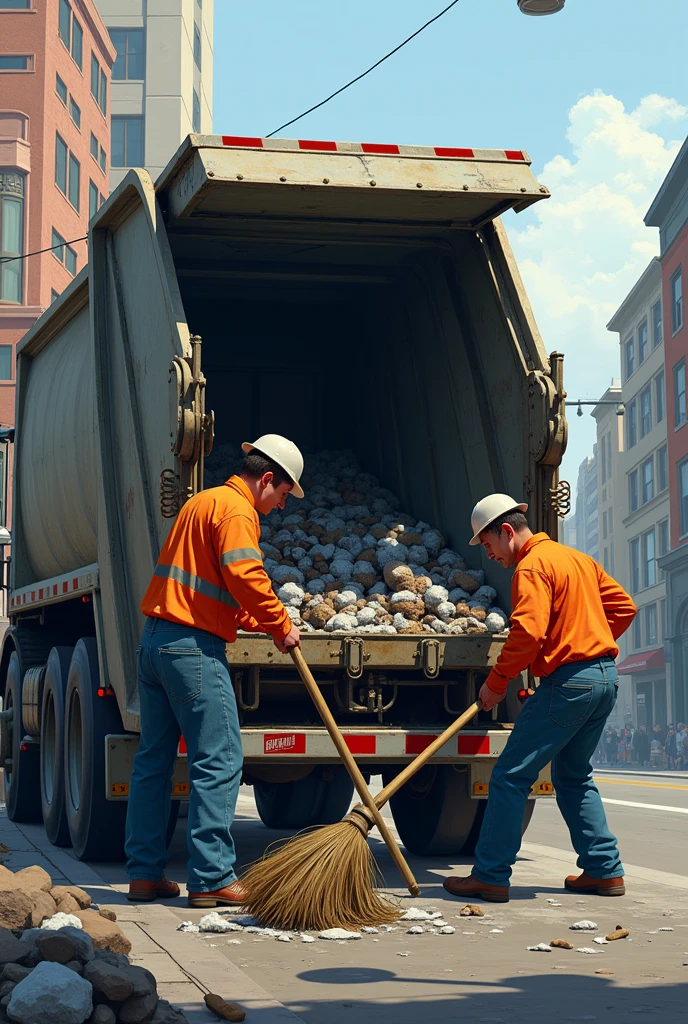 Image of a garbage truck, a broom and two people