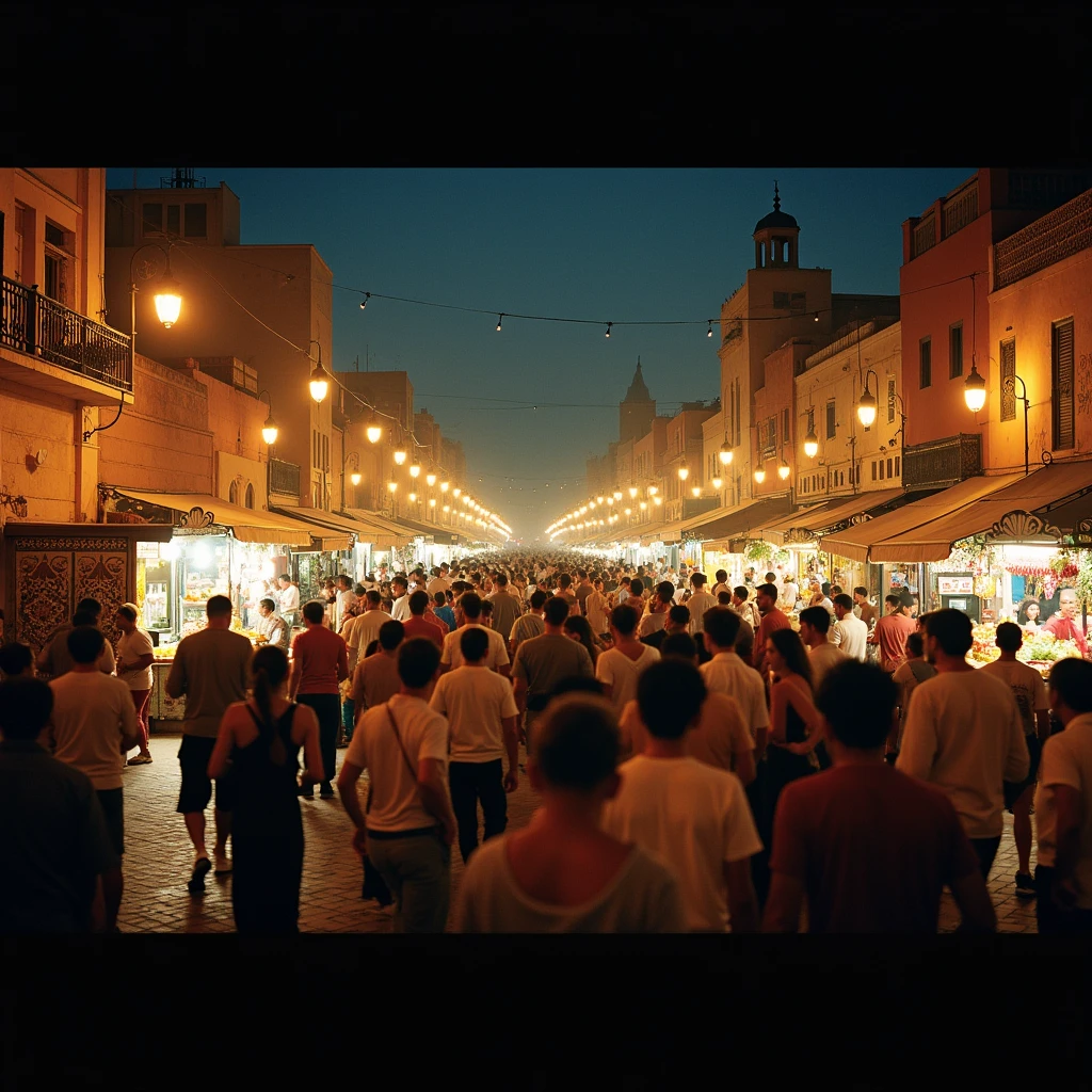 Jemaa el-fnaa, Marrakech during dinner time for tourists, cinematic film shot in 70mm, depth of field, vivid colors, cinematic