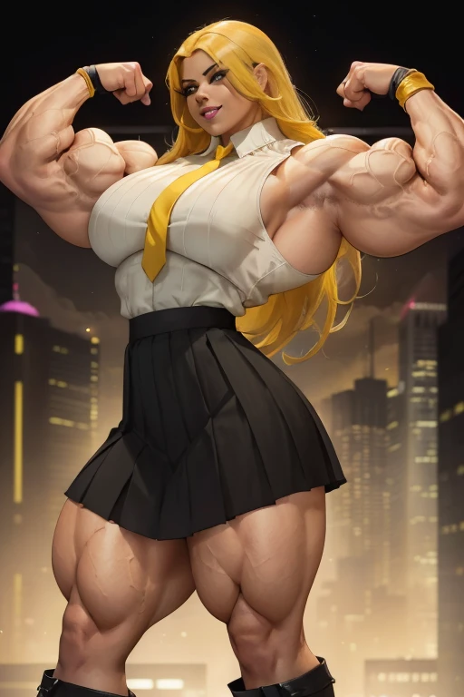 ((Close-up)), tall, (yellow hair) beautiful muscular latino woman, long flowing hair, light brown skinned, closed smile, large breast, (black lipstick), (massive muscles), (hyper muscle), ((ginormous bulky muscles)), gray eyes, ((yellow pro wrestler suit embroidered with intricate designs)), (flexing biceps), choker, boots, in a locker room at night, 