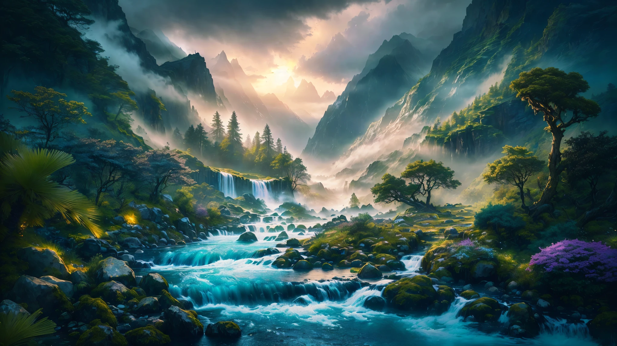 arafed view of a mountain stream with a waterfall in the foreground, epic dreamlike fantasy landscape, impressive fantasy landscape, fantasy art landscape, mystical fantasy landscape, dreamy matte painting, fantasy scenic, magical landscape, fantasy landscape, detailed fantasy digital art, fantasy scene, epic fantasy landscape, ethereal landscape, 4k highly detailed digital art, atmospheric fantasy setting