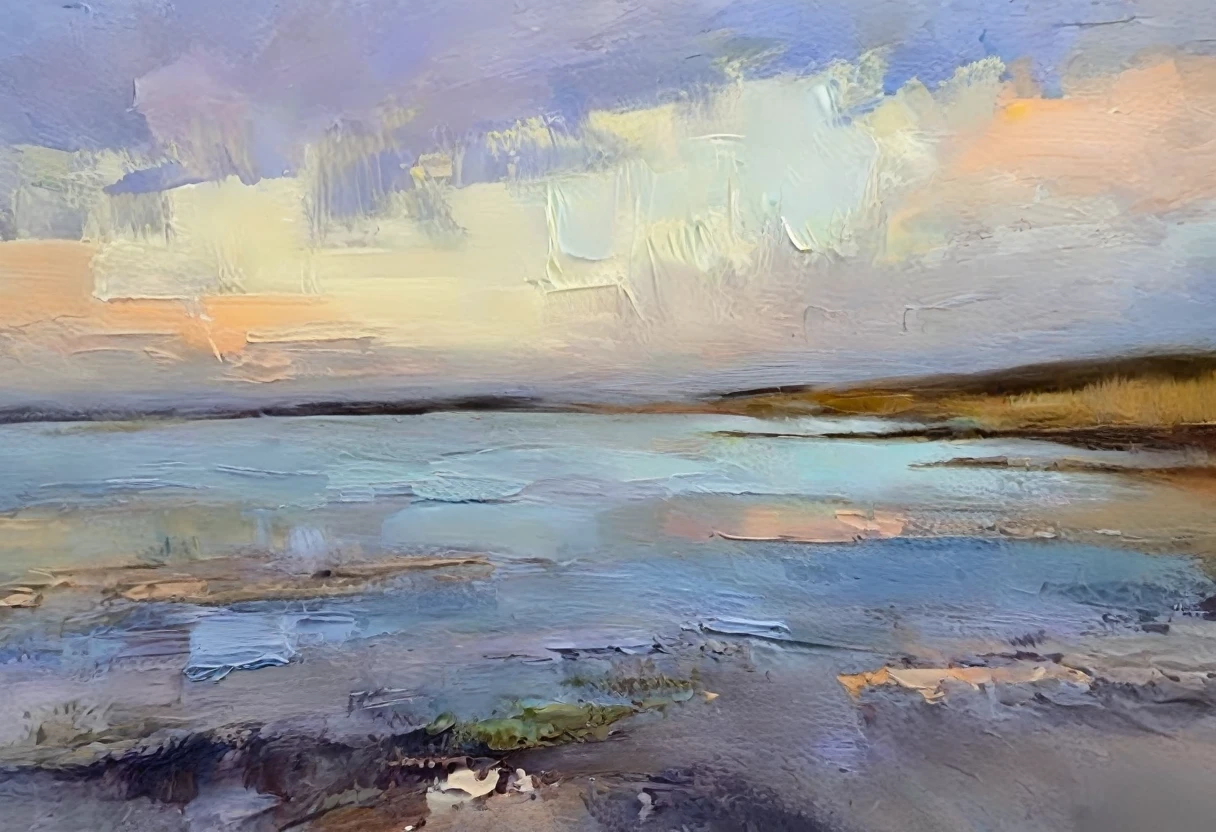 Create a plain canvas, evocative background using the expressive and textured brushstrokes abstract Use a muted color palette with subtle variations in tone to create depth and visual interest. Focus on the tactile quality of the oil paint, incorporating gentle gradients and soft transitions between colors. Allow the brushstrokes to remain visible, adding a sense of raw emotion and intimacy to the background. seaside