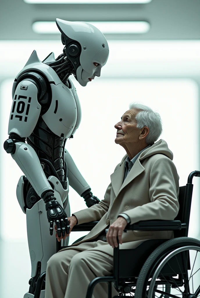 Robot man, Written "IOI" on the arm with the appearance of a man, and an elderly man in a wheelchair, with the appearance of a woman