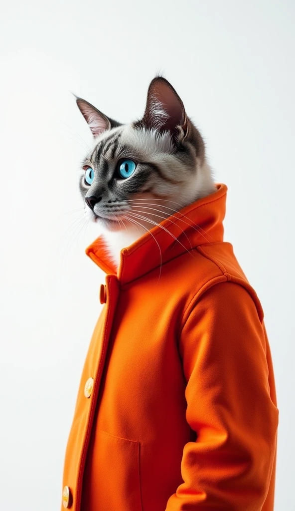 The best mobile wallpaper, Award winning wallpaper, portrait photography, In the front view there is a portrait of a cute cat with gray and blue bicolor eyes , dressed in 1960s mid-century space age clothing., side view shot, shot with canon EOS R5, Establish a marked contrast that accentuates the subject., Fluorescent white tone, Wear a very modern coat, a modern style from the 60s., Modern urban clothing all colors beautiful white background