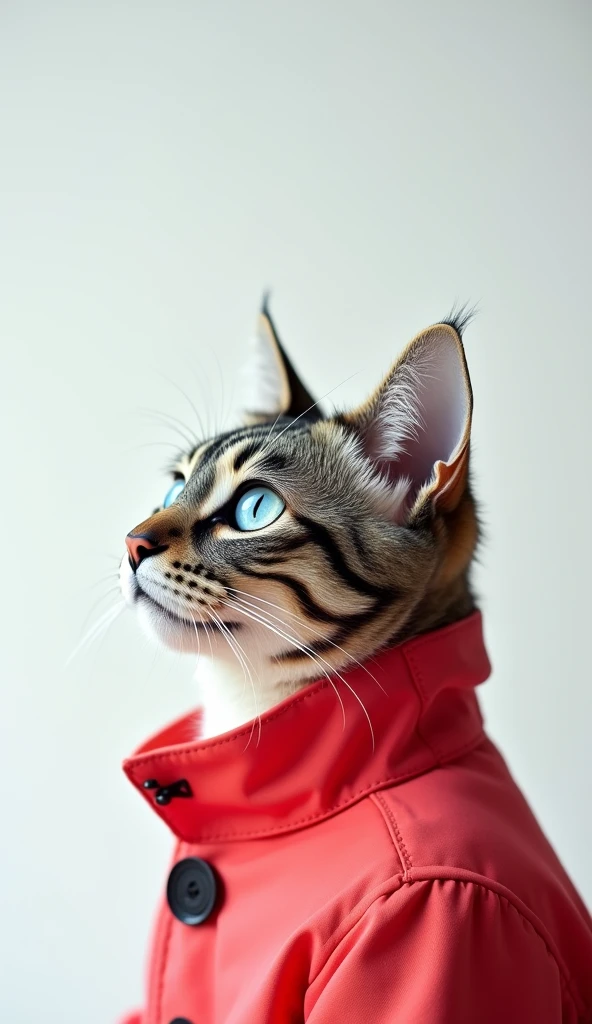 The best mobile wallpaper, Award winning wallpaper, portrait photography, In the front view there is a portrait of a cute cat with gray and blue bicolor eyes , dressed in 1960s mid-century space age clothing., side view shot, shot with canon EOS R5, Establish a marked contrast that accentuates the subject., Fluorescent white tone, Wear a very modern coat, a modern style from the 60s., Modern urban clothing all colors beautiful white background 