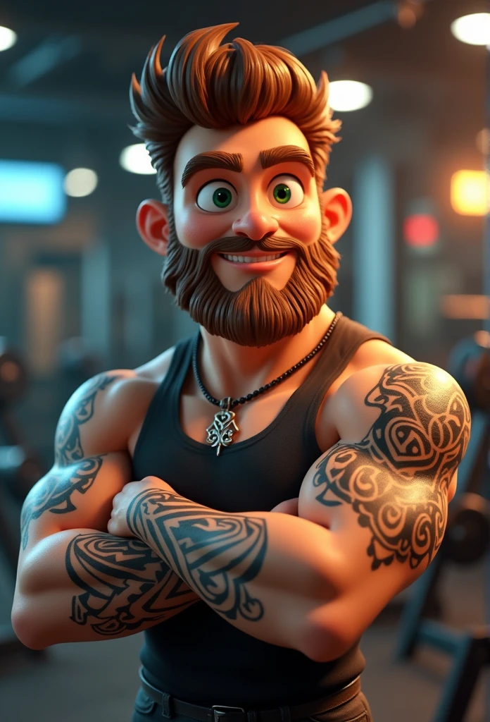 Short beard cartoon character, light brown hair lumberjack style , in gym, one of the arm maori tattoo, greeneyes, animation character, stylized character, animation style rendering, 3d stylized, Arnold Maya rendering, Stylized 3D rendering, toon render screenshot, 3d character, 3d character, Stylized 3D rendering, 3D character rendering, cartoon character, Personagem de close up, character posing, (Pixar-style) (master part:1.2) (bokeh) (best qualityer) (skin detailed) (detailed texture) (8k) (Argilla) (cinematic lighting) (sharp focus with 28 years of ideade