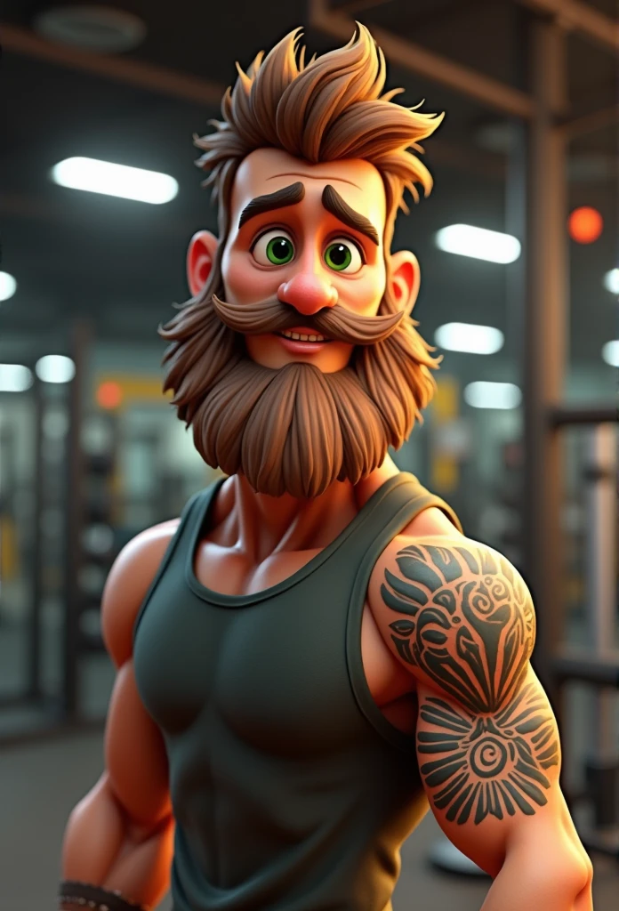 Short beard cartoon character, light brown hair lumberjack style , in gym, one of the arm maori tattoo, greeneyes, animation character, stylized character, animation style rendering, 3d stylized, Arnold Maya rendering, Stylized 3D rendering, toon render screenshot, 3d character, 3d character, Stylized 3D rendering, 3D character rendering, cartoon character, Personagem de close up, character posing, (Pixar-style) (master part:1.2) (bokeh) (best qualityer) (skin detailed) (detailed texture) (8k) (Argilla) (cinematic lighting) (sharp focus with 28 years of ideade