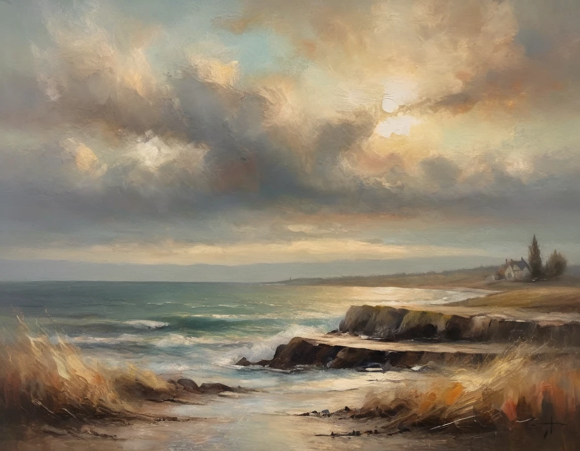 Create a plain canvas, evocative background using the expressive and textured brushstrokes abstract Use a muted color palette with subtle variations in tone to create depth and visual interest. Focus on the tactile quality of the oil paint, incorporating gentle gradients and soft transitions between colors. Allow the brushstrokes to remain visible, adding a sense of raw emotion and intimacy to the background. seaside