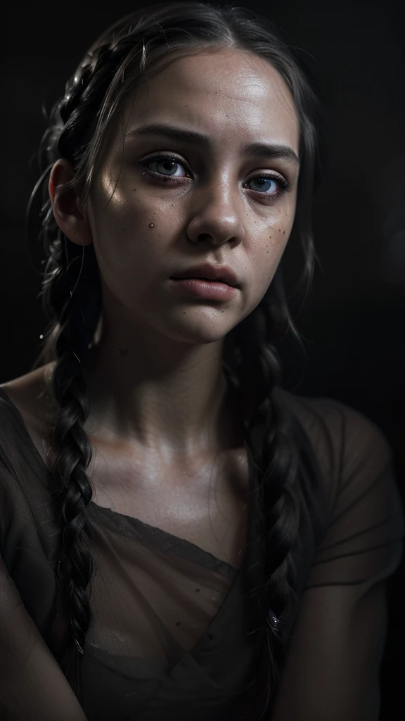 one girl, beautiful detailed eyes, beautiful detailed lips, extremely detailed eyes and face, longeyelashes, extremely sad and melancholic expression, white skin, brown eyes, black hair with braids, wearing a black shirt, (best quality,4k,8k,highres,masterpiece:1.2),ultra-detailed,(realistic,photorealistic,photo-realistic:1.37),extremely realistic,dramatic lighting,cinematic,emotional,poignant,melancholic,somber,moody,dark,chiaroscuro,dramatic shadows,volumetric lighting,depth of field,bokeh