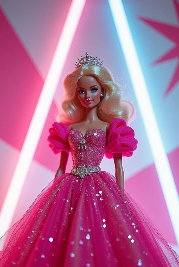 1980s prom queen Barbie waering a pink 1980s puffed sleeved dress. In the background there is a pink and white star and a pink, white, and blue, beam