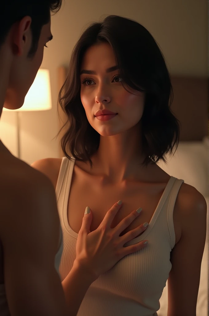 high resolution,Real,4K,50 years old,Mature Woman,Black medium hair,Naked Y-shirt,Hotel Rooms,With the man she was having an affair with,Stand in front of a man,A man touches my chest from behind,A dreamy look