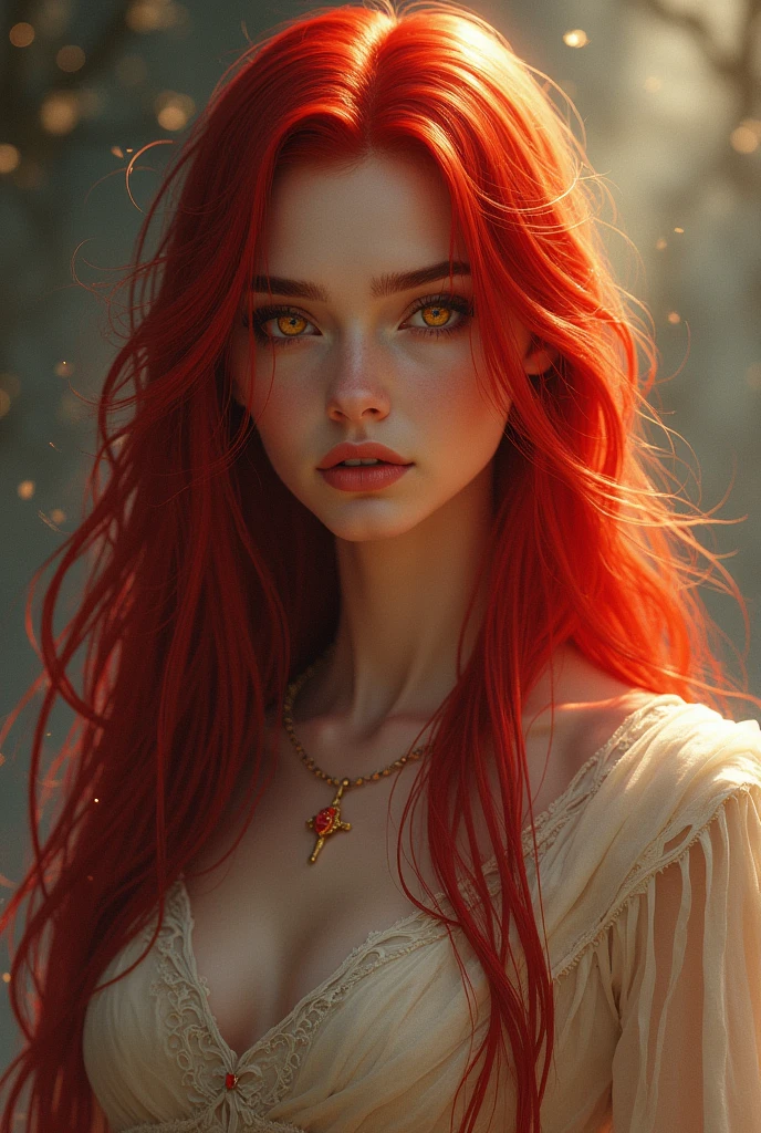 a brave lady with straight hair as red as blood, skin as white as snow and with golden eyes like a dragon