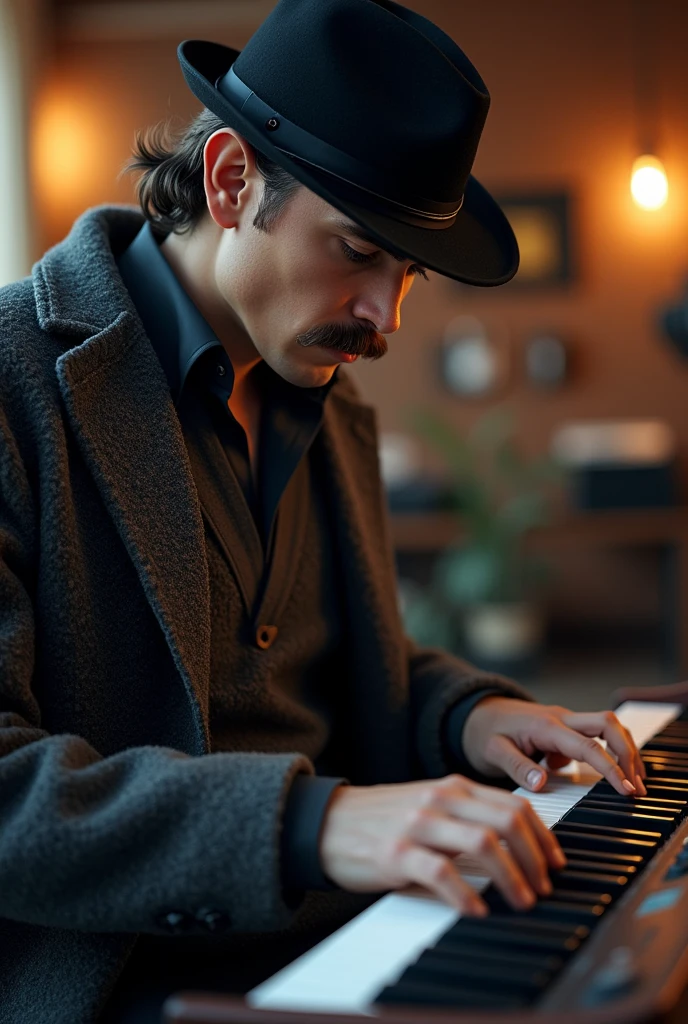 Man playing keyboard in a sweater and black cap with a stylish thin mustache