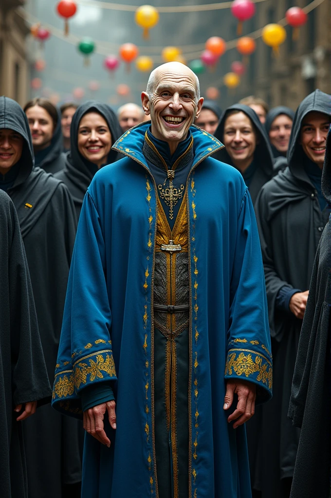 Lord Voldemort in blue clothes, yellow and orange, very cheerful on his birthday with all his happy death eater friends