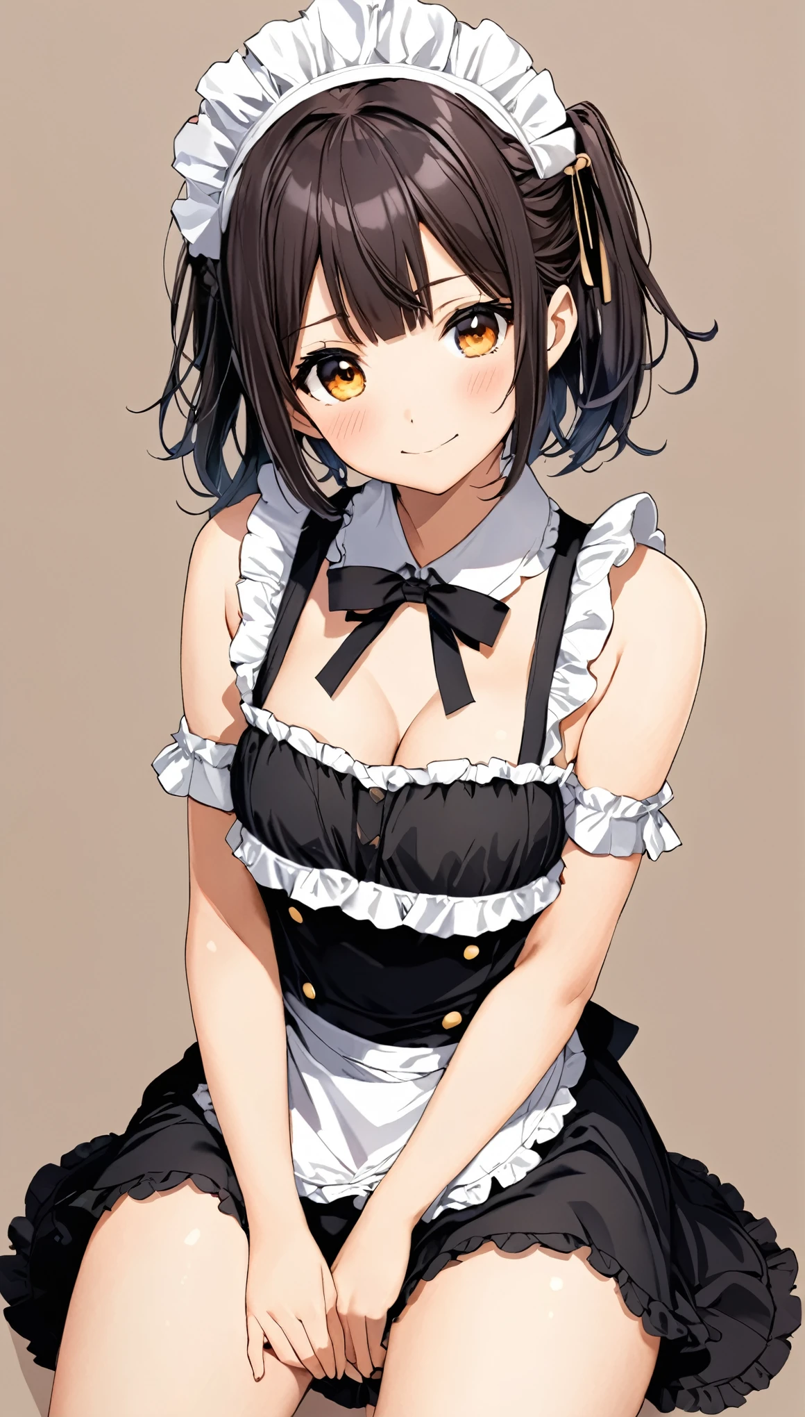 ((cofee-kizoku, anmi, tadano yukiko)), maid headdress, black bikini, short hair, shy smile, blush, middle breasts, simple background, best quality, ultra-detailed, long hair, alternative hair style, full body