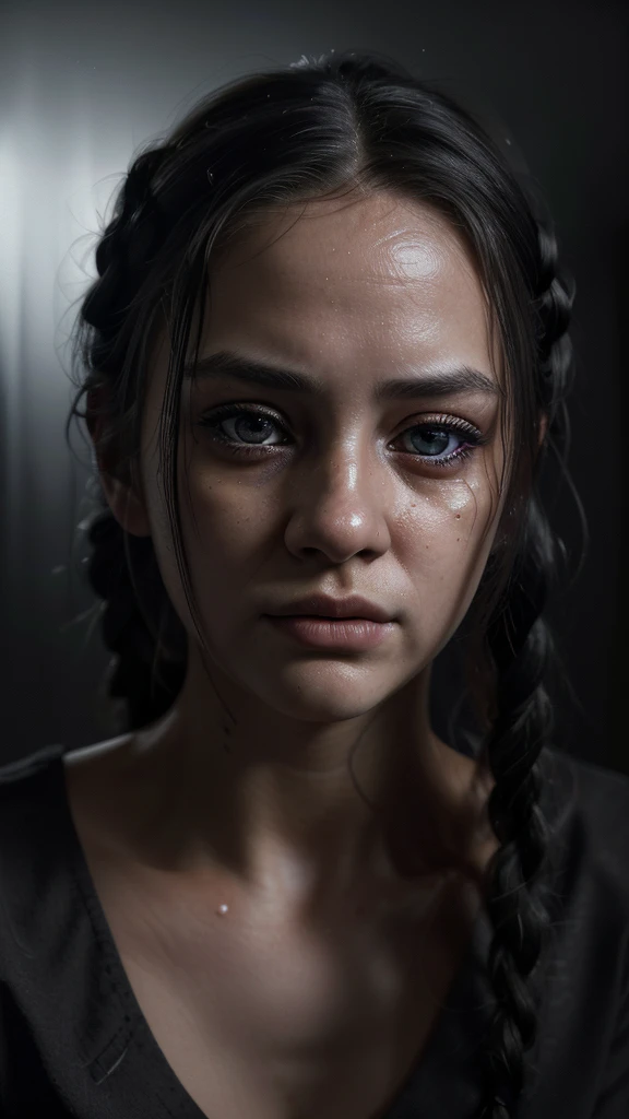 one girl, beautiful detailed eyes, beautiful detailed lips, extremely detailed eyes and face, longeyelashes, extremely sad and melancholic expression, white skin, brown eyes, black hair with braids, wearing a black shirt, (best quality,4k,8k,highres,masterpiece:1.2),ultra-detailed,(realistic,photorealistic,photo-realistic:1.37),extremely realistic,dramatic lighting,cinematic,emotional,poignant,melancholic,somber,moody,dark,chiaroscuro,dramatic shadows,volumetric lighting,depth of field,bokeh