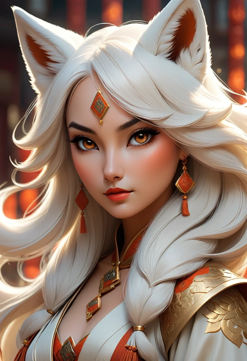 Anthropomorphic feminine kitsune enchantress. Official Art – An Award-Winning Digital Masterpiece In 4K Ultra HD, Extreme Detail And Intricate Realism. Symmetrical Face. This Concept Art Brought To Life By The Hands Of Artists Like Wlop & Artgerm In A Stunning 2D Vector Illustration. Background Is A Panoramic Vista.
