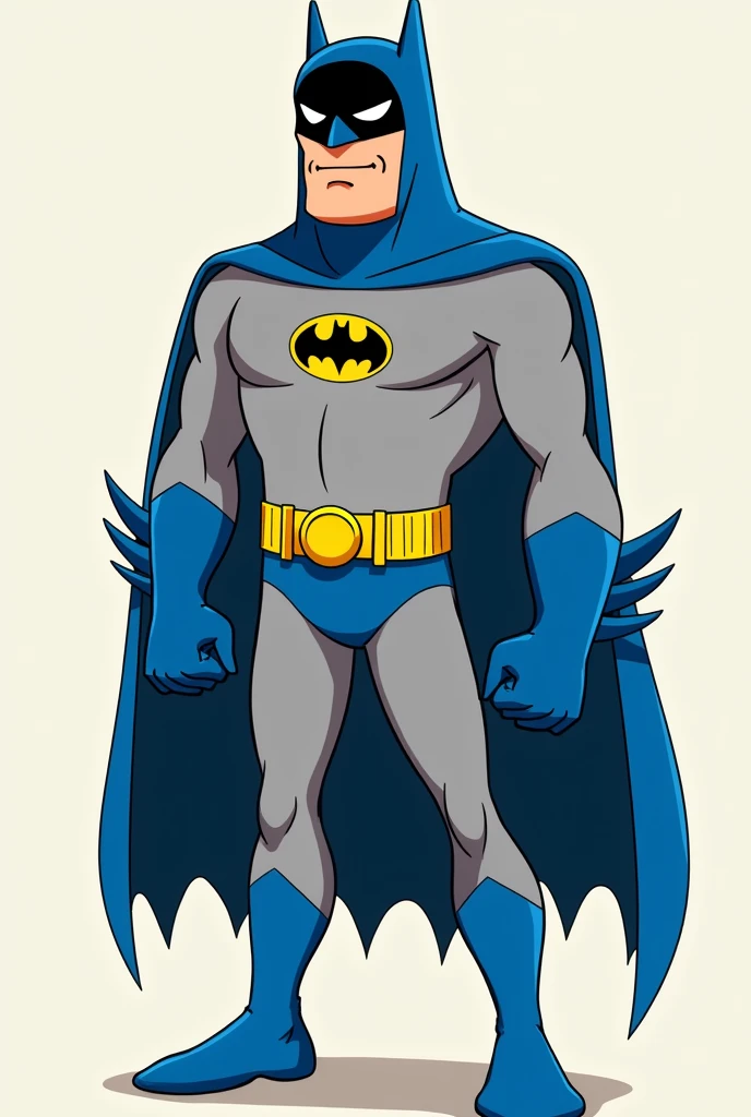 Batman in the Adam west suit from the 60s show With the blue and gray and the yellow circle on the chest and blue Shorts on the outside and blue gloves and boots and a blue cowl Short ears and a black patch on the face with drawn on blue eyebrows and he’s more of a Batman