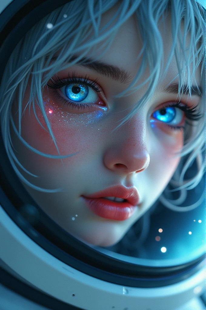 (Close-up of a better masterpiece:1.5)0.9], (Space and astronauts:1.2) (Messy silver hair:1.1) (Heterochromia xanthochromia and blue eyes:1.2) (Space Helmet:1.0) (Colored stars in the eyes:1.0) (A radiant glow:1.1) (thick lips:0.9)