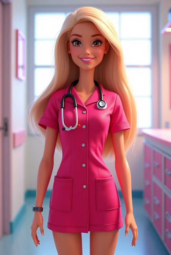 Barbie cartoon doctor suit dark red color brown eyes white skin