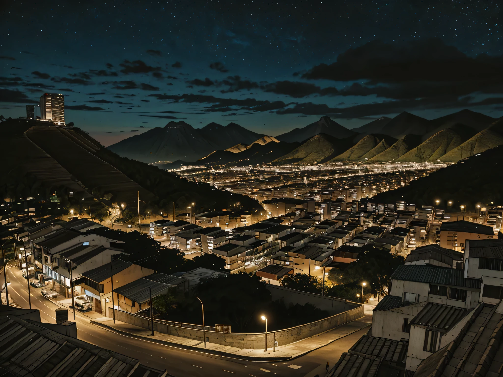 Brazilian favela, 3 large hills surrounding it in the background, houses, small buildings, staircase, slopes, hills, small market, park in the center, view of the big city in the distance, with large skyscrapers, cinematic lighting, wide shot, atmospheric perspective, perspective, UHD, masterpiece, accurate, anatomically correct, textured skin, super detail, high details, high quality, award winning, best quality, highres