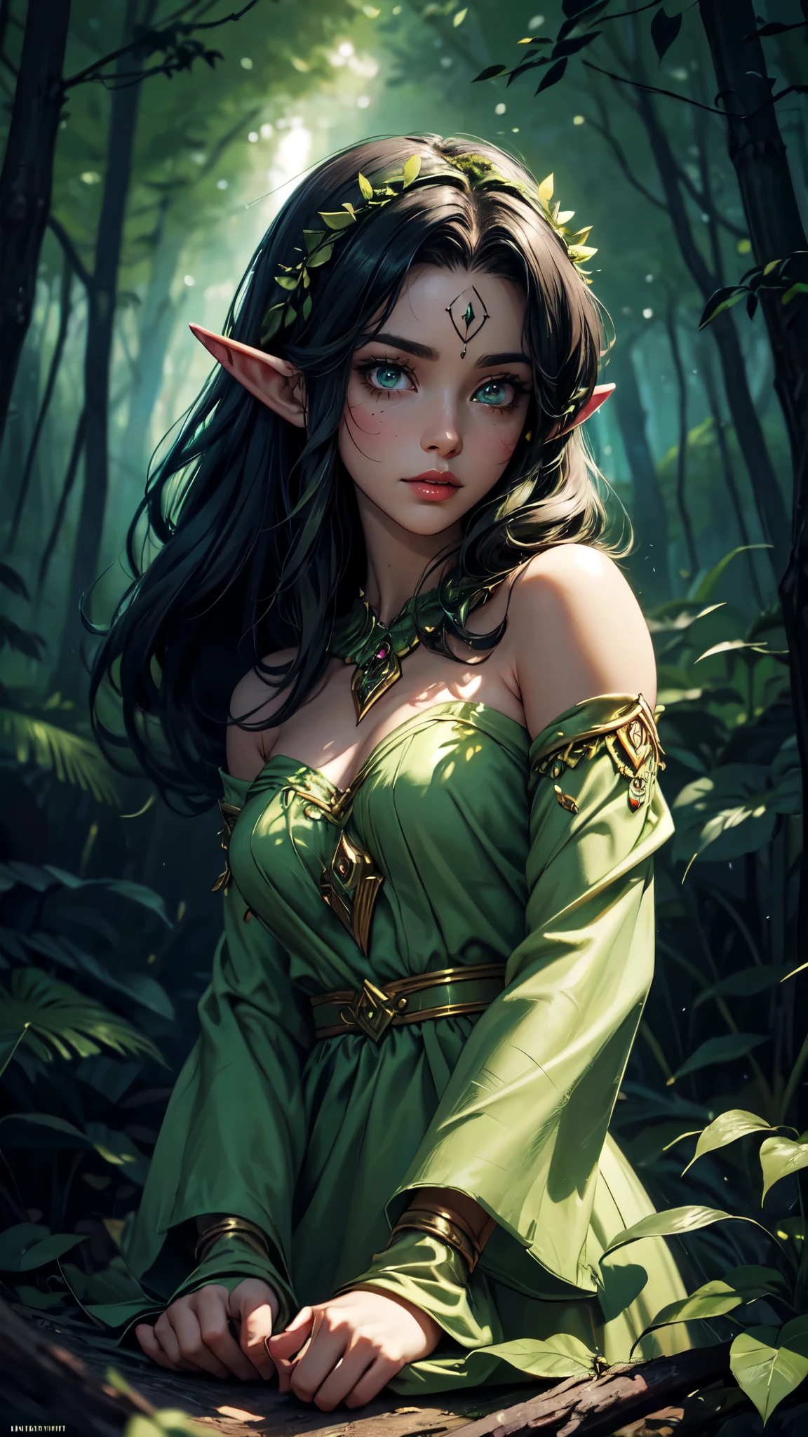 masterpiece, best quality, nightelf, glowing eyes, colored skin, facial mark, mature female, green dress, leaves, jewelry, looking at viewer, forest, night, bare shoulders naturestyle,detailed eyes, detaield hands, detailed face, elf woman, full body