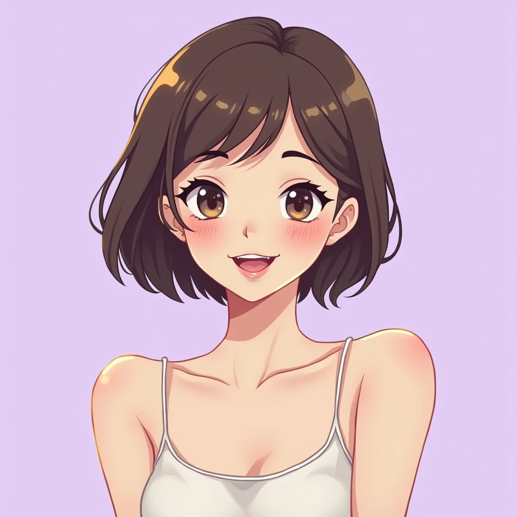 Kind, smiling, cute, fair skin, bob hair, woman in her 20s, stylish, anime-style illustration, light purple background