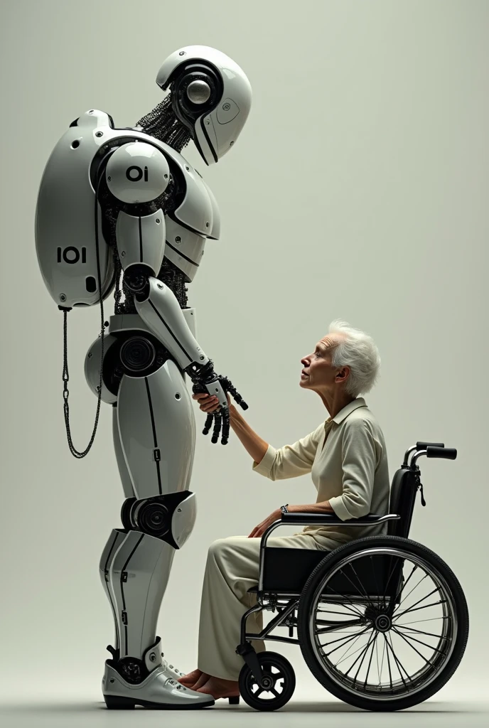 Robot man, Written "IOI" on the arm with the appearance of a man, and an elderly man in a wheelchair, with the appearance of a woman