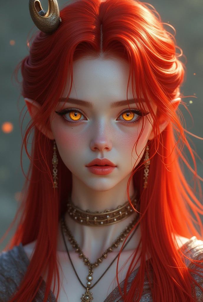 a brave lady with straight hair as red as blood, snow-white skin and golden eyes like a dragon with a more oval face