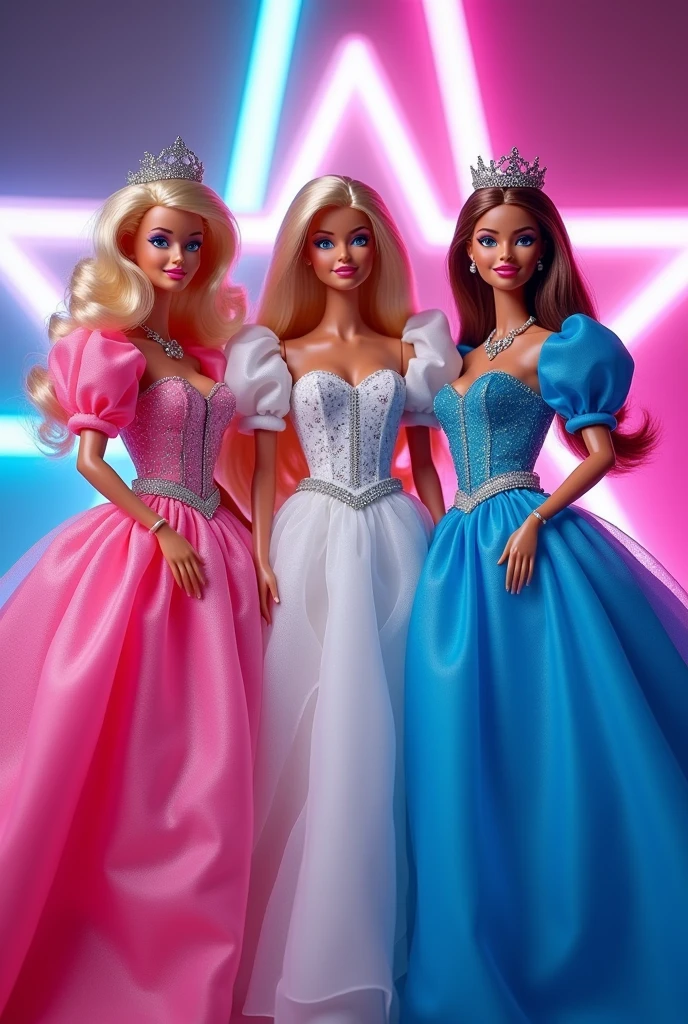 Three 1980s prom queen Barbie waering 1980s puffed sleeved dress. In the background there is a pink and white star and a pink, white, and blue, beam