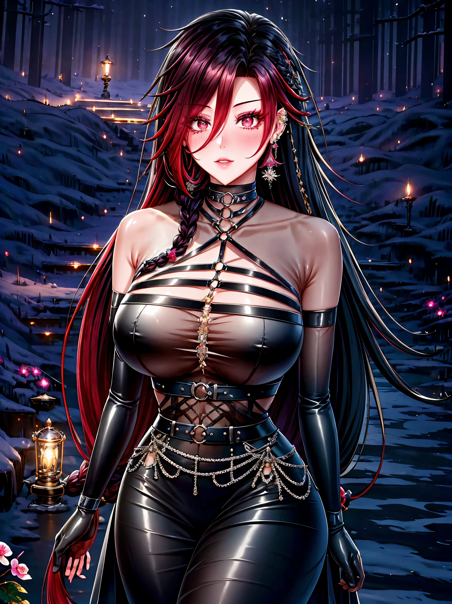 shoujo style, frosty style, (romantic manhwa), 1 girl, black cyclamen hair, solo, long braided hair, long braid, dress, red cyclamen eyes, mascara, makeup, elbow gloves, bra, jewelry, many ear piercings , viewer, collarbone, accessories, upper body, parted bangs, braided hair, side braid, black dress, bangs, outdoors, detailed eyes, dynamic cut, walking in a rose field at night, flowers, warm, summer environment, beach,