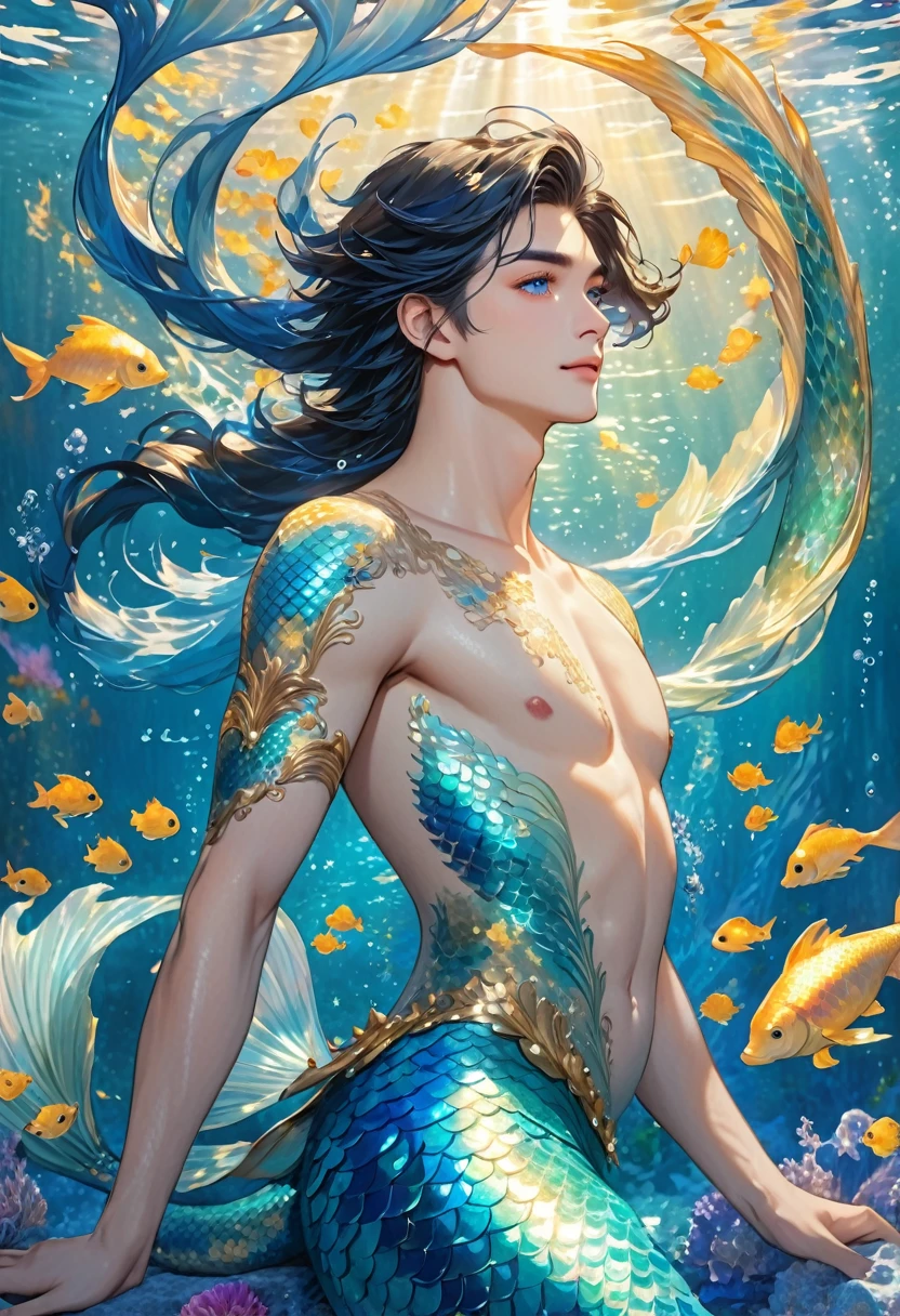 "A breathtakingly beautiful, androgynous male merman floats gracefully before us, his presence both ethereal and captivating. His long, flowing black hair dances in the currents, framing a face of delicate, androgynous beauty. His eyes are a mesmerizing sapphire blue, conveying a sense of gentle wisdom and otherworldly charm.

The merman’s skin is pale and flawless, but scattered across his torso are random patterns of shimmering blue and gold scales, adding to his fantastical and enchanting appearance. In place of legs, he has a long, flowing tail, the scales glistening like thousands of precious gems as it undulates through the water.

The merman’s upper body is lean and androgynous, with no visible body or facial hair. His features are soft and youthful, yet there is an undeniable allure and magnetism to his appearance. The viewer is drawn inexorably to his captivating gaze and the graceful, otherworldly movements of his magnificent tail.

The underwater scene should be rendered with the utmost attention to detail, from the intricate textures of the merman’s scales to the shimmering, kaleidoscopic refractions of light through the water. The overall composition should emphasize the merman’s ethereal beauty and enchanting presence, capturing the viewer’s imagination and leaving them spellbound by this truly mesmerizing creature of the deep."