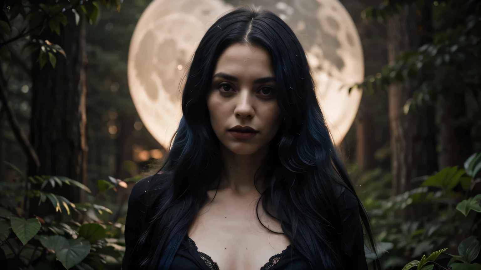 beautiful, forest, goth, long blue hair, dark lighting, plants in background, moon, realistic, intricate details, cold colors, seductive pose, standing