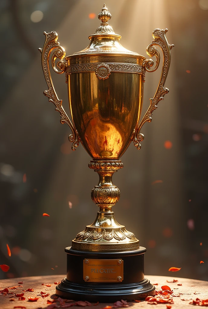 A football trophy with design Plscr cup in it