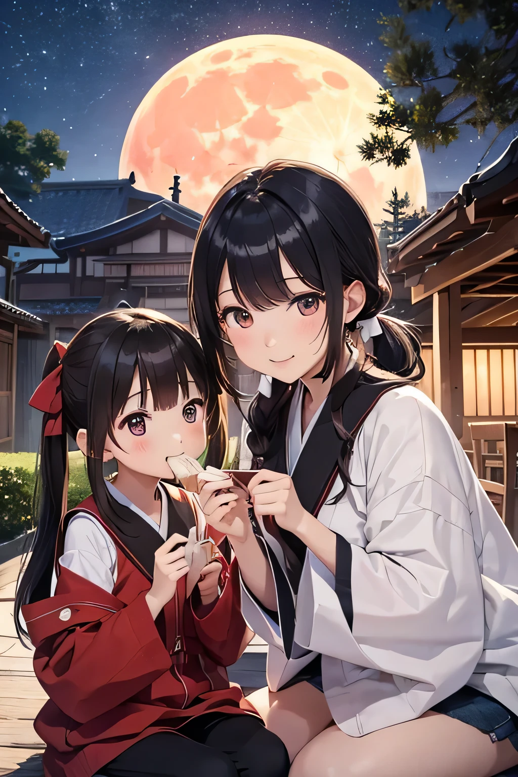Highest quality、High resolution、Detailed Background、(Beautiful face in every detail:1.4)、Highly detailed face、Normal number of fingers、age beauty、Huge breasts、Perfect body line、Light color hair、Twin tails、Bobcut、ponytail、Cute gestures、Fun atmosphere、A big smile、Tsukimi、
Enjoying Tsukimi、Tsukimi spending time with friends、
At dusk、A girl and her friends are gathered in a nearby park.、
Everyone brought homemade dumplings and sweets, looked up at the big, bright red moon, and chatted happily.、While eating dumplings「This year's Tsukimi is very beautiful!」「Moon、I wish you a happy new year.!」I'm exchanging words with、
Some children were playing by making origami moon-shaped paper and folding it skillfully together with their friends.、「My Origami Moon、copper?」"「This is how I folded it」The atmosphere is peaceful and friendly.、
When the children got tired of playing, they sat down on the blankets.、We started singing Tsukimi's song together.、
I can feel myself creating heartwarming memories under the gentle moonlight.