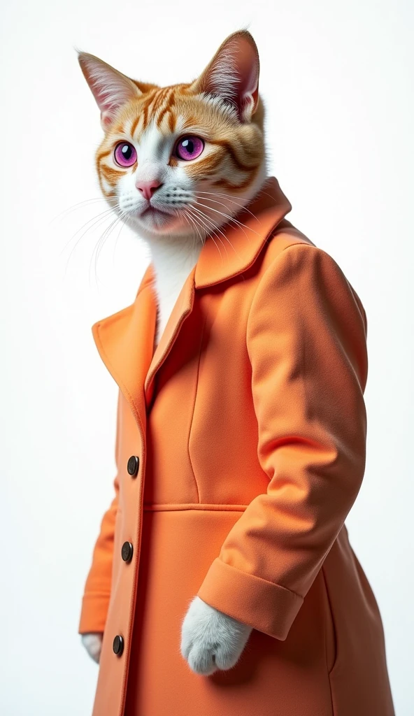The best mobile wallpaper, Award winning wallpaper, portrait photography, In the front view there is a portrait of a cute cat with violet eyes , dressed in 1960s mid-century space age clothing., side view shot, shot with canon EOS R5, Establish a marked contrast that accentuates the subject., Fluorescent white tone, Wear a very modern coat, a modern style from the 60s., Modern urban clothing all colors beautiful white background