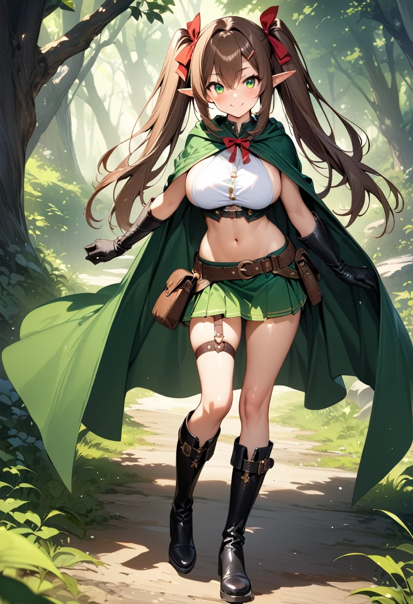 (masterpiece),(best quality),(ultra-detailed),(best illustration),(best shadow),(absurdres),(detailed background),(very aesthetic), 1girl, solo, pointy-ears, ((brown-hair)), green-eyes, gloves, boots, twintails, skirt, elbow-gloves, hair-ornament, navel, looking-at-viewer, cape, smile, elf, ribbon, hair-ribbon, knee-boots, belt, hairclip, ((green-skirt)), black-gloves, forest, midriff, thigh-strap, hair-between-eyes, standing, black-footwear, pouch, long-hair, nature, red-ribbon, ((big boobs) 1:1)
