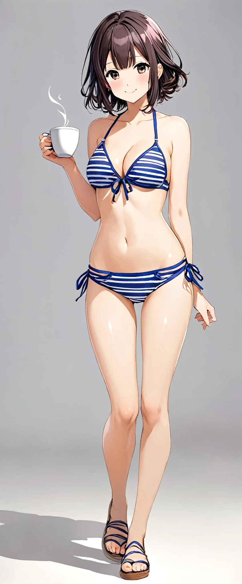((cofee-kizoku, anmi, tadano yukiko)), colorful bikini, short hair, shy smile, blush, middle breasts, simple background, best quality, ultra-detailed, long hair, alternative hair style, full body