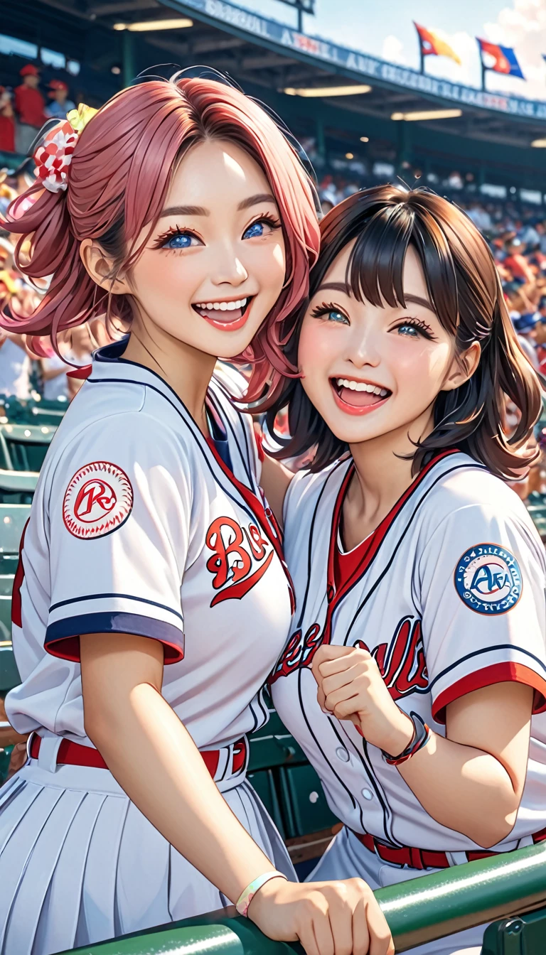 two asian women are posing for a picture at a baseball game, 🚿🗝📝, happy!!!, 🪔 🎨;🌞🌄, cheering, 🐝👗👾, sakimichan, 8k)), 🔞🤡, ayami kojima and lyde caldwell, けもの, 😭 🤮 💕 🎀