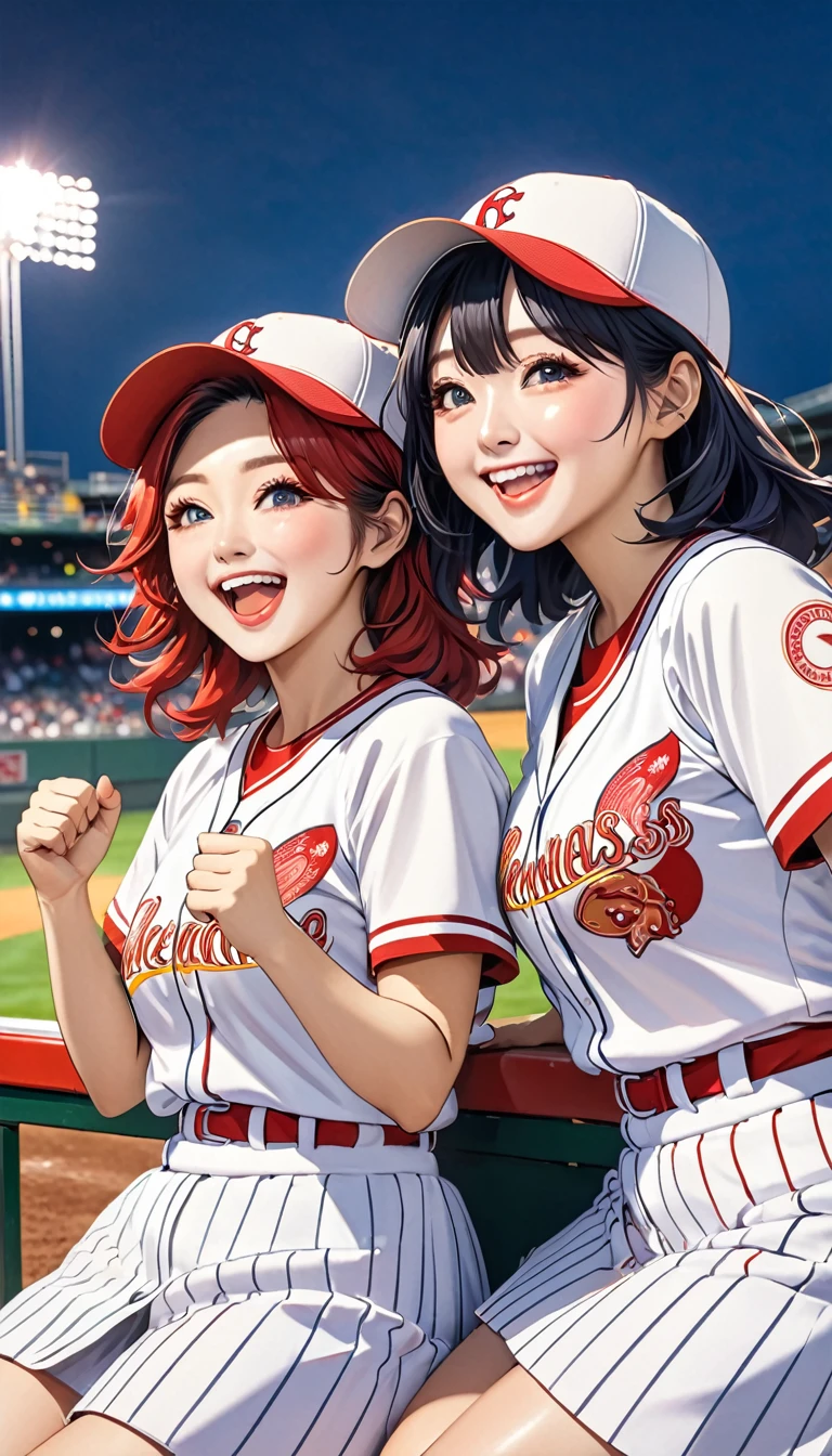 two asian women are posing for a picture at a baseball game, ๐ฟ๐๐, happy!!!, ๐ช ๐จ;๐๐, cheering, ๐๐๐พ, sakimichan, 8k)), ๐๐คก, ayami kojima and lyde caldwell, ใใใฎ, ๐ญ ๐คฎ ๐ ๐