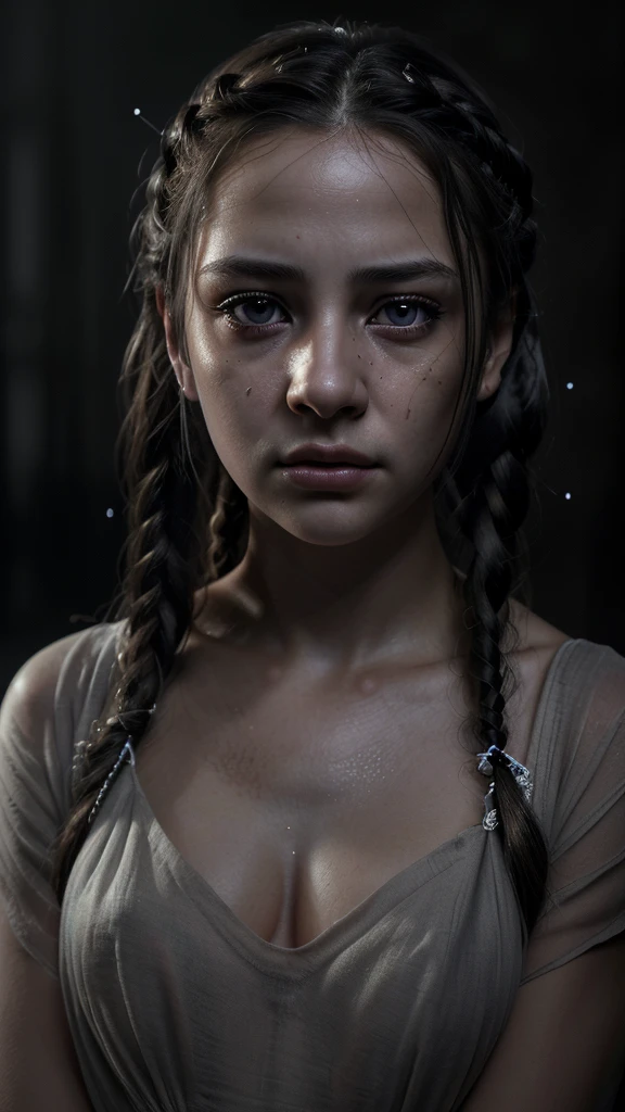 1 girl, beautiful detailed eyes, beautiful detailed lips, extremely detailed eyes and face, longeyelashes, extremely sad and melancholic expression, white skin, brown eyes, black hair with braids, wearing a black shirt, (best quality,4k,8k,highres,masterpiece:1.2),ultra-detailed,(realistic,photorealistic,photo-realistic:1.37),extremely realistic,dramatic lighting,cinematic,emotional,poignant,melancholic,somber,moody,dark,chiaroscuro,dramatic shadows,volumetric lighting,depth of field,bokeh